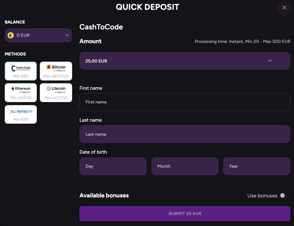 Casiny Casino Payment Methods